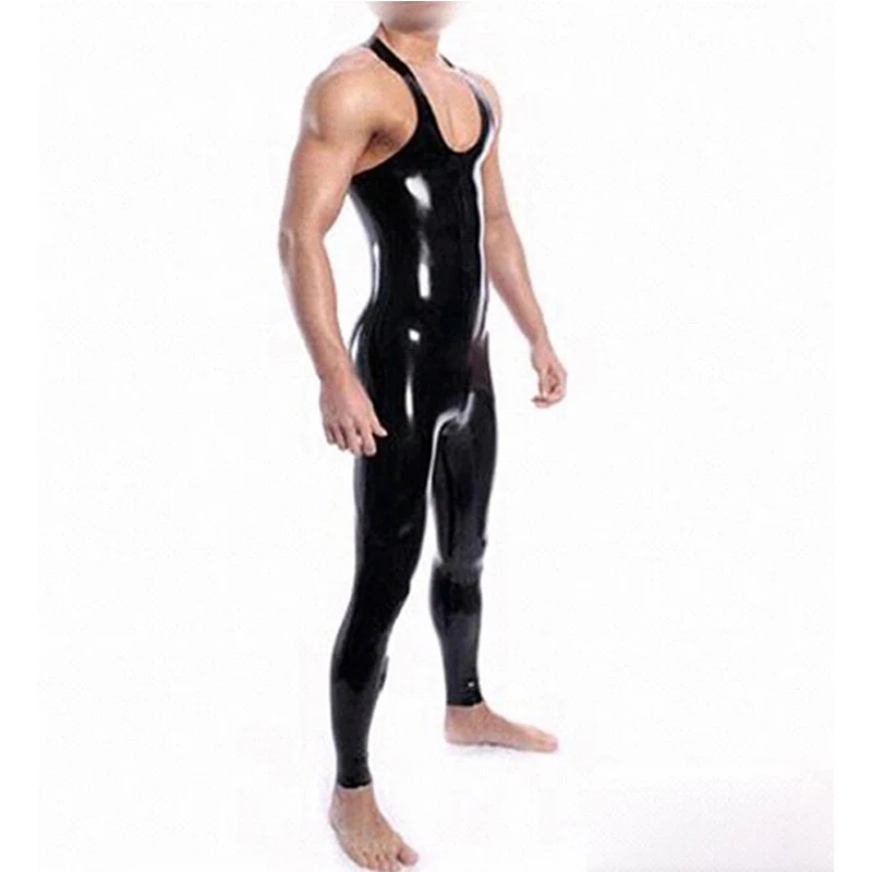 

Handmade Black Men's Latex Rubber Catsuit Sleeveless Bodysuit Garment Club Wear Jumpsuit Gummi 0.4mm