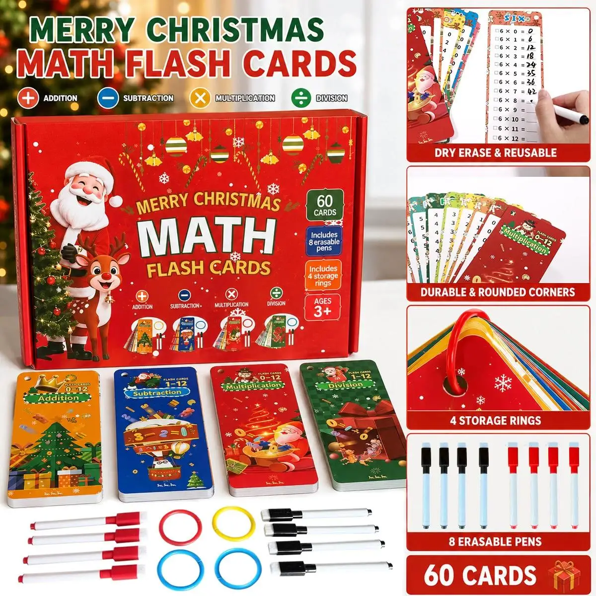 Christmas Math Flash Cards Self Check Learning Tool Montessori Mathematical Teaching Aids Add Subtract Multiply Divide Kids Gift