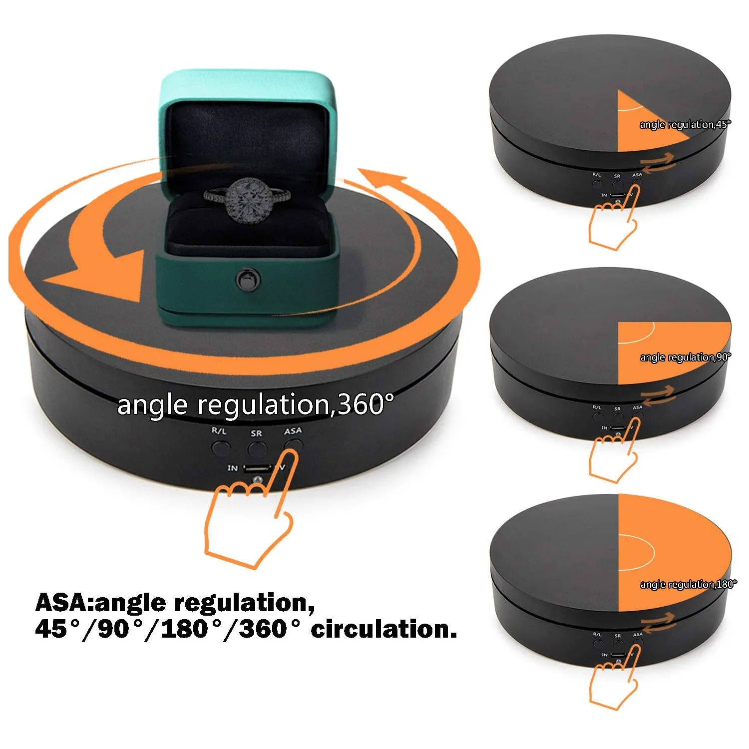 Black Rechargeable Turntable Display Stand, 360 degree Rotation Speed/Angle Adjustable for Photography/Jewelry Display