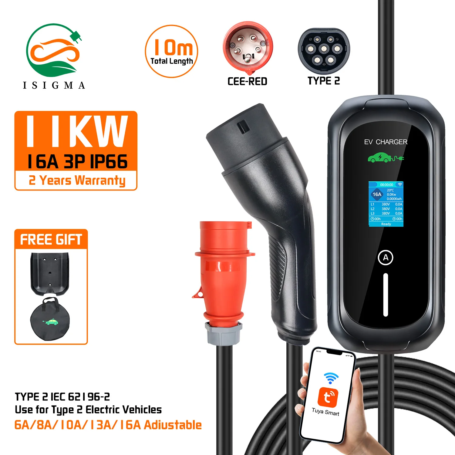 Isigma Mobile EV-Ladegerät, 16 A, 11 kW, 3P EVSE, Lade-Wallbox, Typ 2, IEC 62169, Standard-Tuya-App, WLAN-Timer, Elektrofahrzeug, Auto