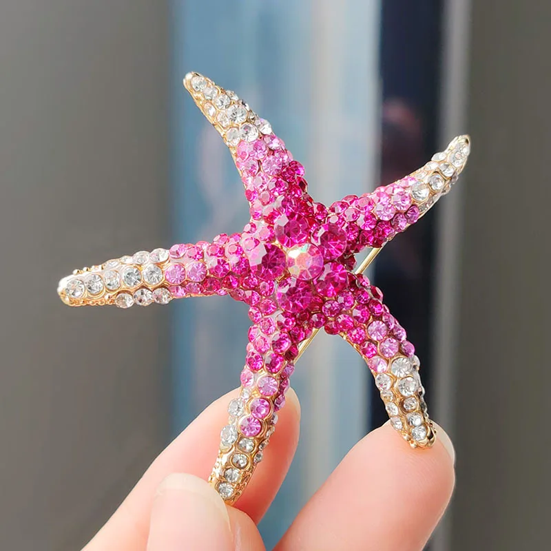 4 Colors Rhinestone Starfish Jewelry Brooche Pins for Women Girls Vintage Boho Fashion Corsage Party Summer Metal Badge Corsage