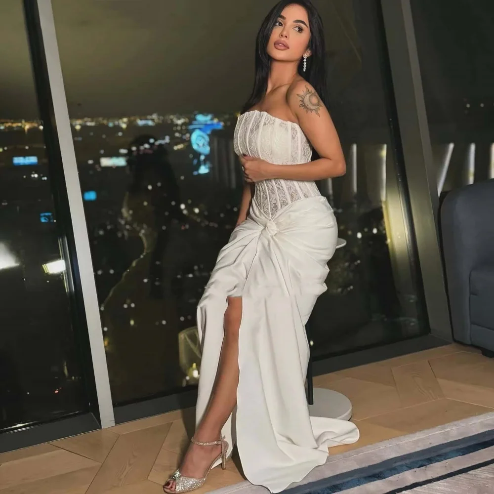 Aangepaste prachtige vrouwen galajurk mouwloze charmante boothals kanten applique feestjurk hoge split dames avondjurk