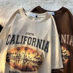 1pcs Short sleeved California Sunrise oversize loose all match t shirt summer simple style trend couple wear y2k top women clot