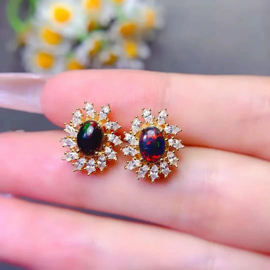 Mysterious Black Opal Earrings 6mm*8mm Dyed Natural Opal Jewelry Allergy Free 18K Gold Plated 925 Silver Jewelry