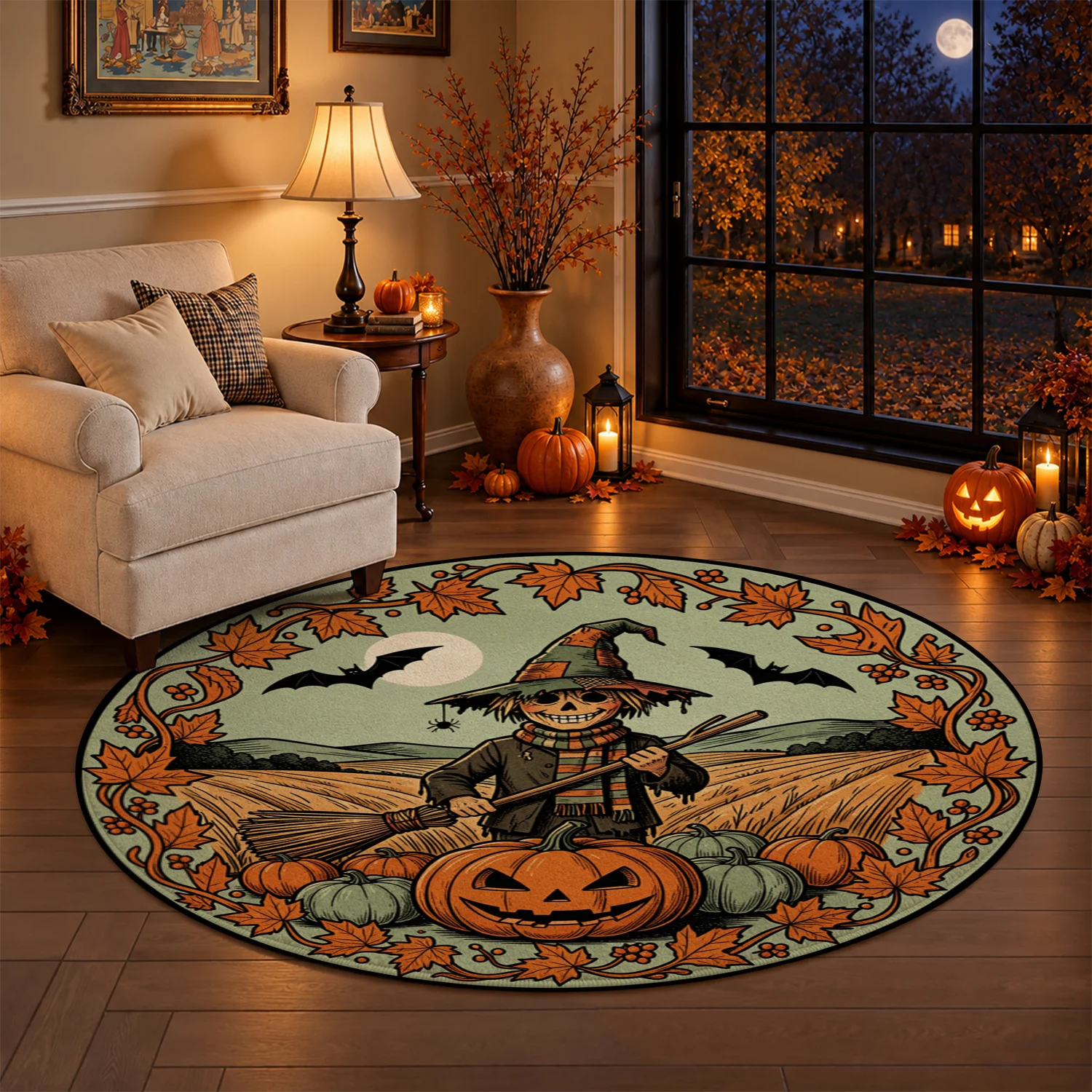 Halloween Scarecrow Pumpkin Bat Maple Leaf Pattern Round Velvet Area Rug, Machine Washable, Stays Firmly In Place, Ideal for Living Room, Bedroom, Entryway, Great for Halloween, Thanksgiving, Christmas, New Year, Black Friday & Cyber Monday