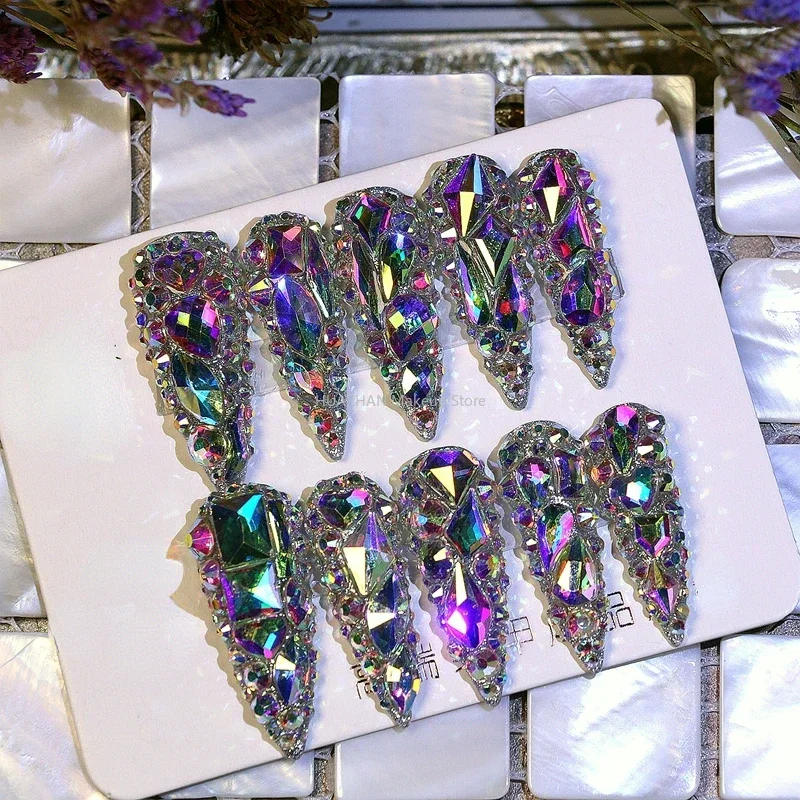 

Custom Handmade Bling Rhinestone Press On Nails False Nails Glittery Full Cover Long Stiletto Coffin Acrylic Fake Nail With Glue