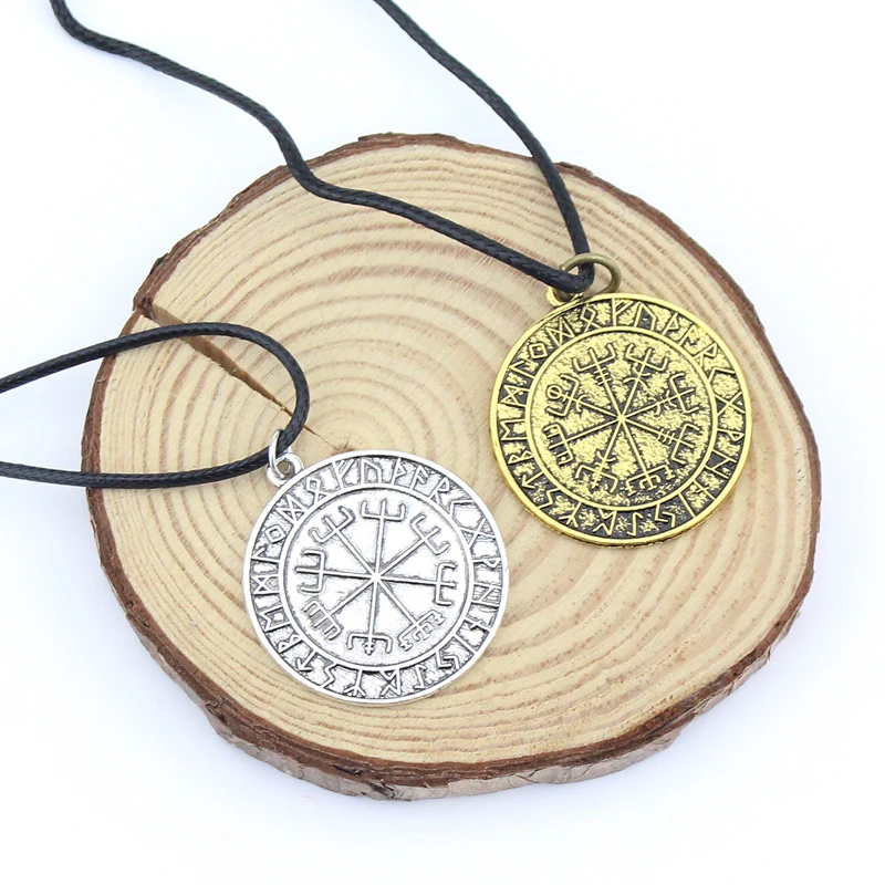 Viking Vegvisir Rune Compass Pendant Necklace Nordic Talisman Black Wax Rope Vintage Amulet Neck Jewelry Gift