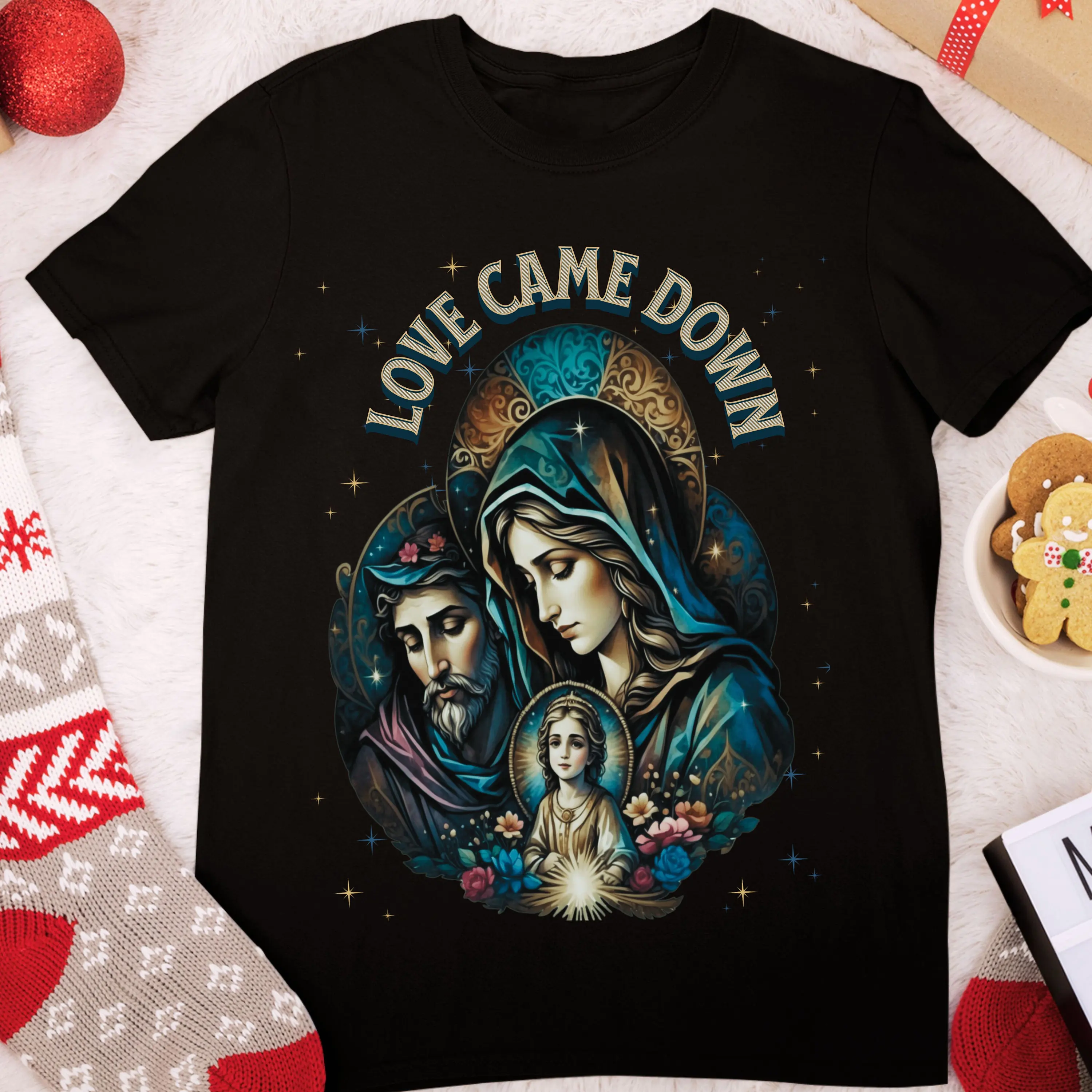 love came down Christian Religious Jesus Mary Joseph Bible Nativity Holy Family Christmas T Shirt gift Xmas