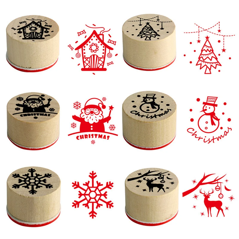 6Pcs/Set Xmas Stamps Santa Claus Snowflake Deer Merry Christmas Wooden Rubber Stamp DIY Crafts For Christmas Decorations