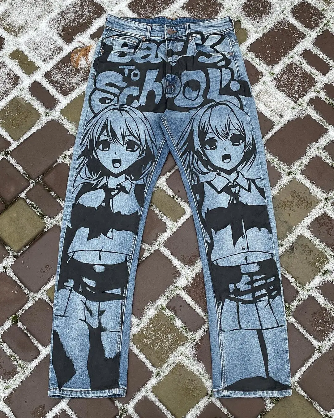 Anime gadis seksi cetak biru Baggy Jeans gaya baru celana kaki lebar Y2k Harajuku populer Streetwear pria wanita celana pinggang tinggi