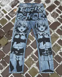 Anime Sexy Girl Print Blue Baggy Jeans New Style Wide Leg Trouser Y2k Harajuku Popular Streetwear Men Women High Waist Pants