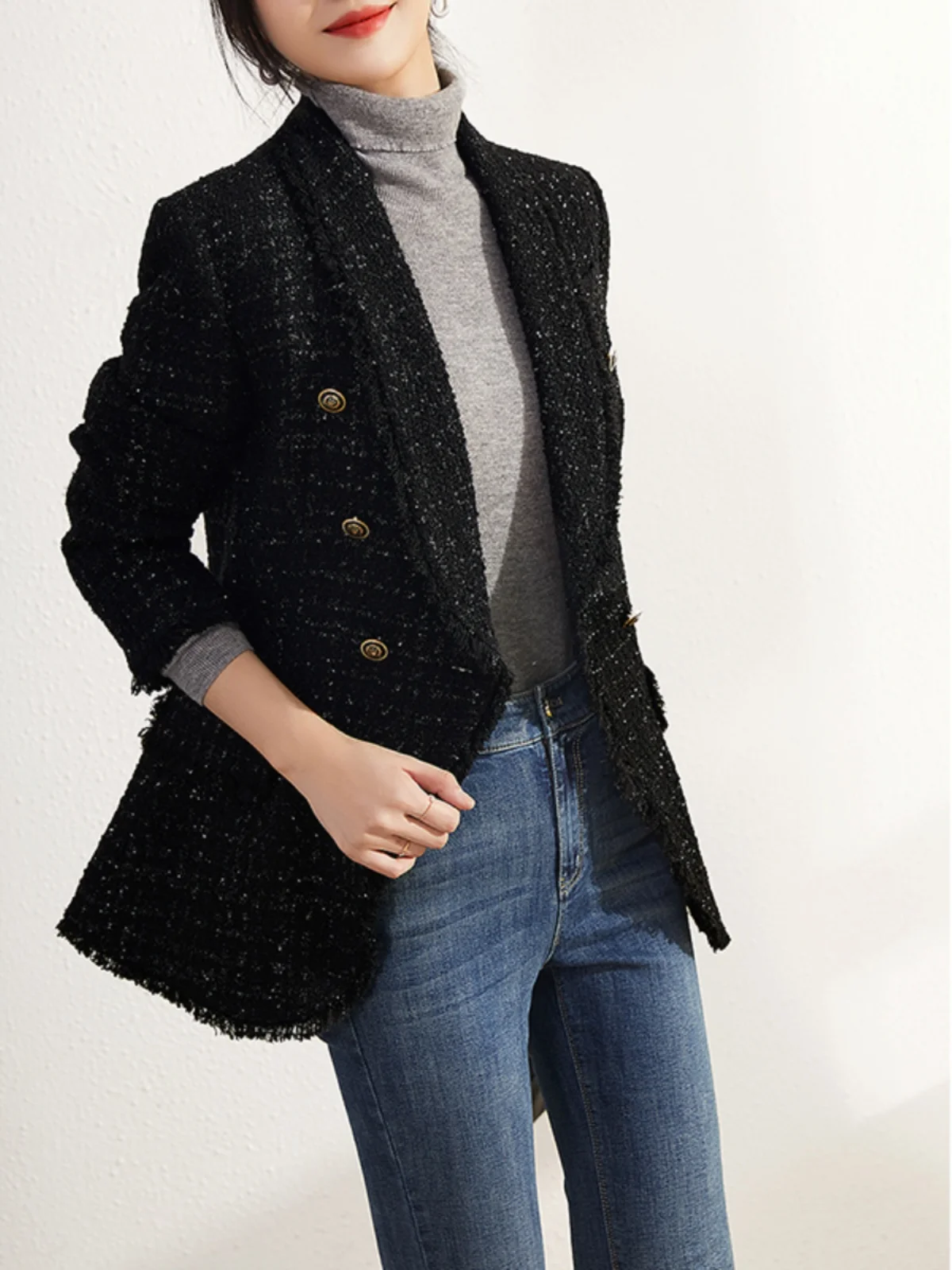 Nova Coleção Primavera: Jaqueta Feminina de Lã de Comprimento Médio, Estilo Pequena França, em Tweed Tricotado Grosso, para o Dia a Dia