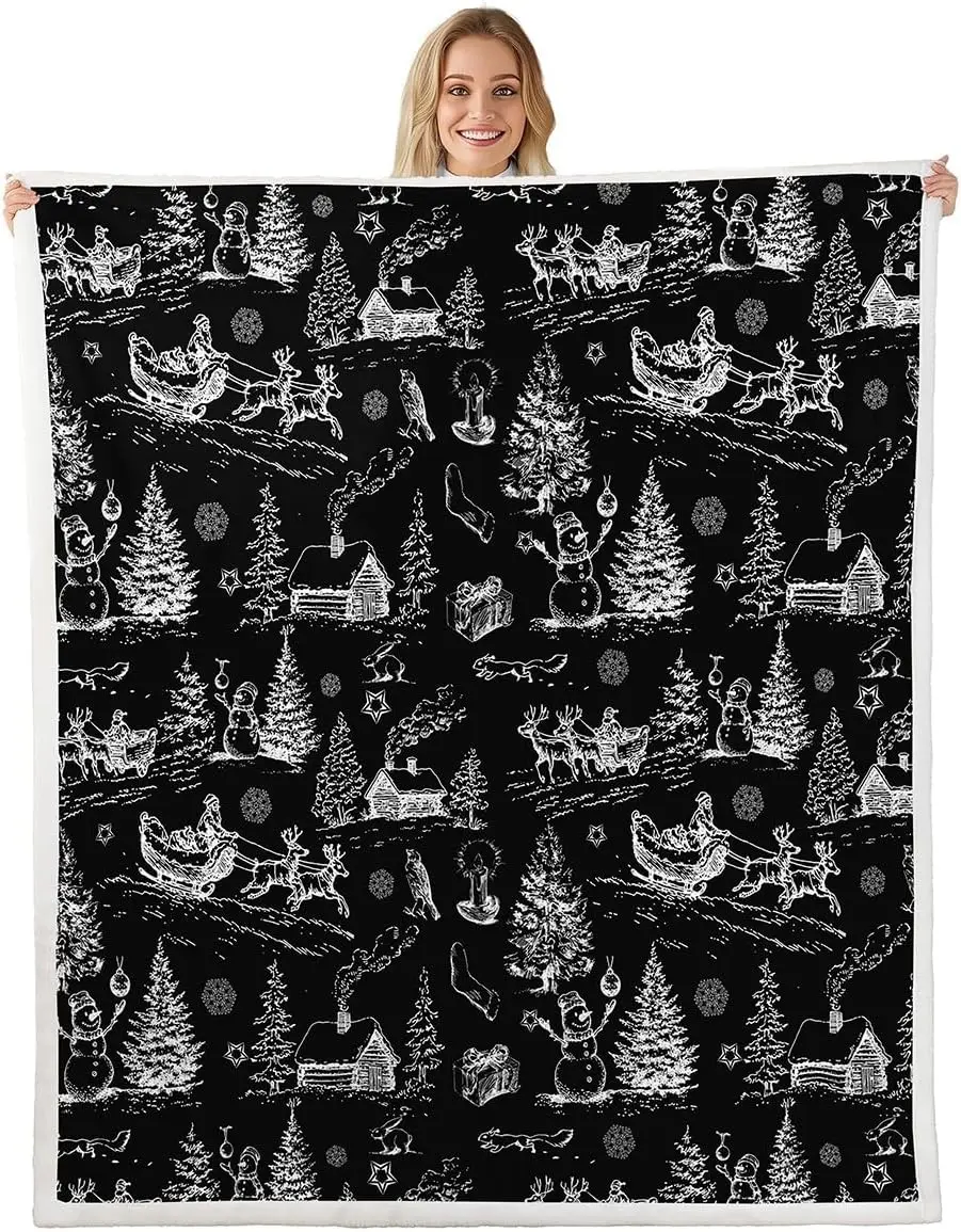 Christmas Santa Claus Throw Blankets,Snowman Xmas Tree Fleece Blanket,Kids Girls Boys Adult Winter Cottage Fuzzy Blankets Sketch