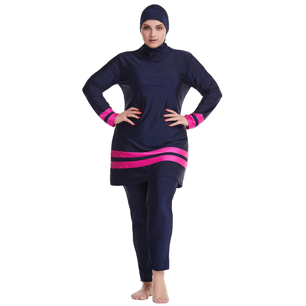 H1014 Muslim Women Fullcoverage  Long Sleeves Cover Up Burkinis Three Pieces Traditional Plus Size Block Color Swimwear Suits