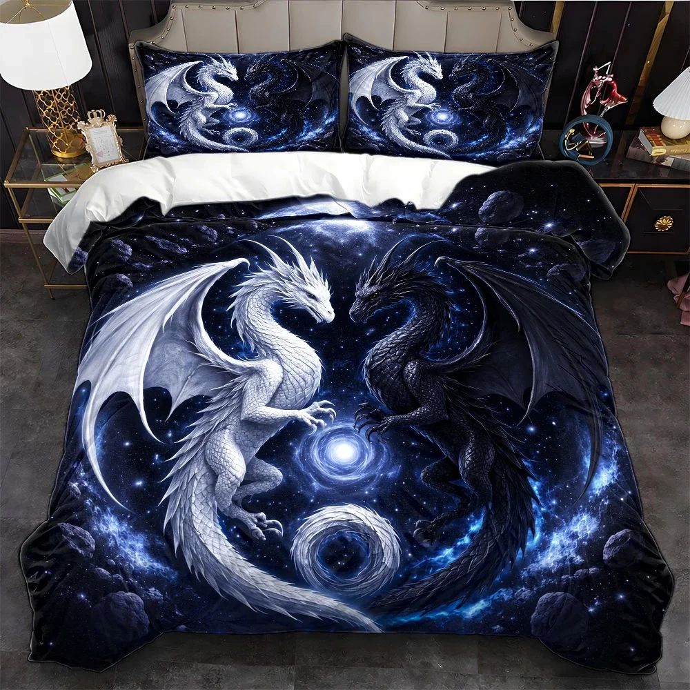 3Pc Starry Sky Dragon Totem Duvet Cover Set, Three-Piece Bedding Set (1 Duvet Cover + 2 Pillowcases), Suitable for All Seasons, Machine Washable, Invisible Zipper Double Bed Cover, Suitable for Home, Dormitory, Master Bedroom, Guest Room, Large Size Bedding Set, Dreamy Cosmic Dragon Pattern Bedding, Hot-Selling Export Bed Cover Set, Nordic Style Fantasy Bedding Set, Comfortable and Skin-Friendly Bedroom Bedding, 2D Flat Print