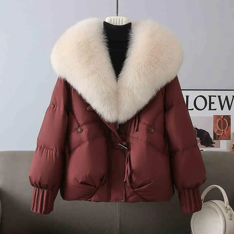 Sli casual versátil algodão jaet feminino inverno novo quente thiened grande gola de pele solta pão casaco de algodão puffer