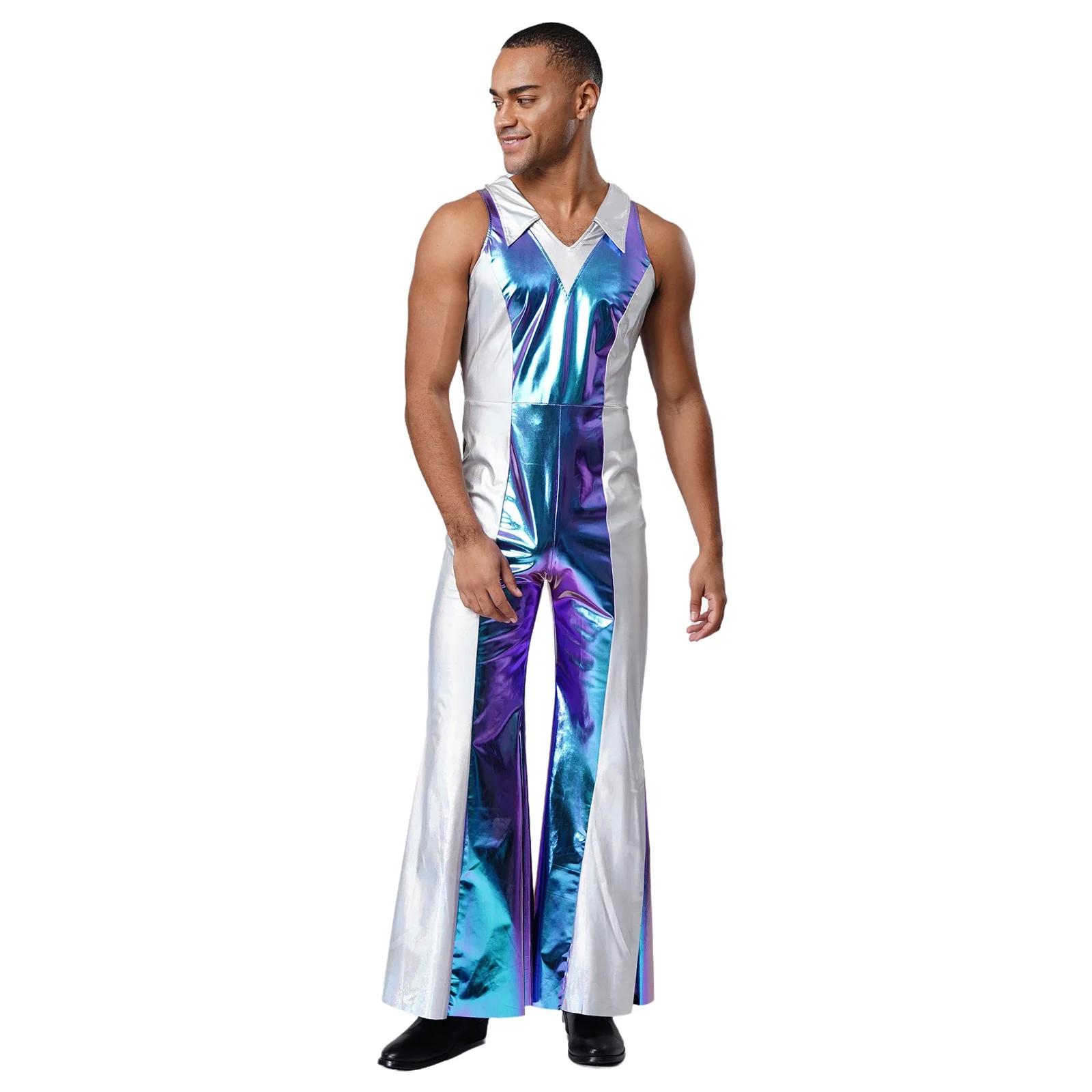 Costume Disco pour hommes des années 70 et 80, Hippie métallique, pantalon à cloche, body à manches longues, combinaison évasée pour fête musicale Jazz