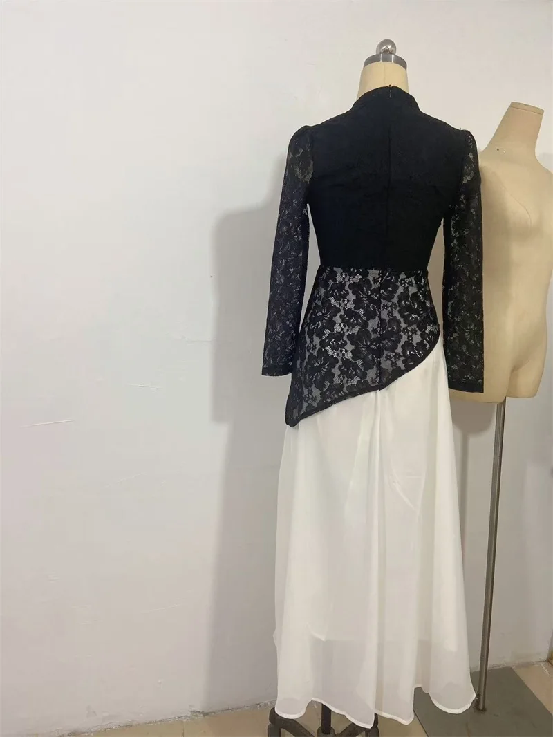 サウジアラビア レース レディース プロムドレス ブラック ホワイト 秋 フルスリーブ ロング フォーマル Aライン ページェント ローブ パーティー イブニングガウン