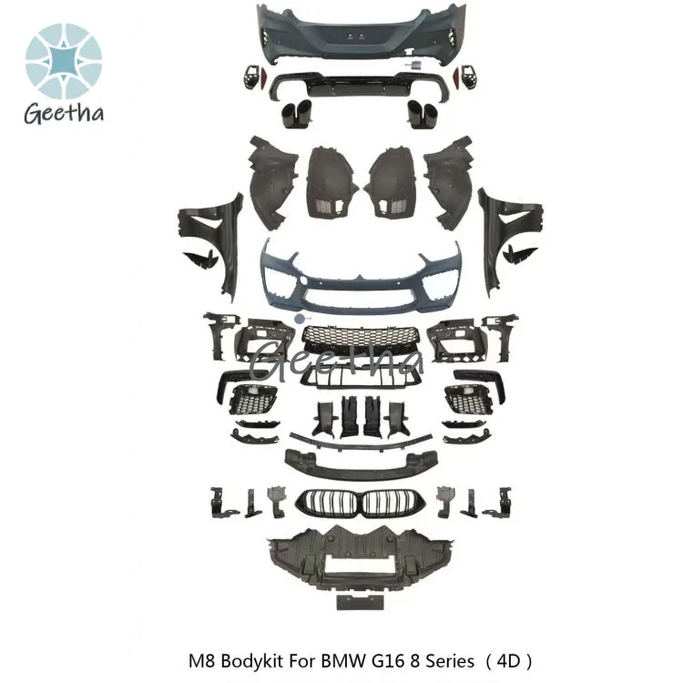 ل عالية الجودة المصد الخلفي الأمامي الناشر التنانير الجانبية المفسد الوفير الحاجز الرئيسي شواء طقم الجسم لسيارات BMW 8 Series G14 G15