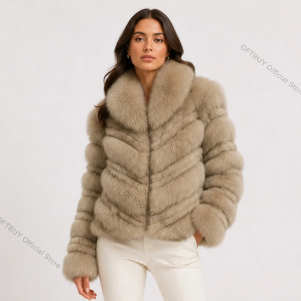OFTBUY Cappotto in Vera Pelliccia di Volpe, Caldo e Vintage, Nuova Collezione, Giacca in Vera Pelliccia Premium, Look Pelle Intera, Stile Moda per le Feste e per la Strada