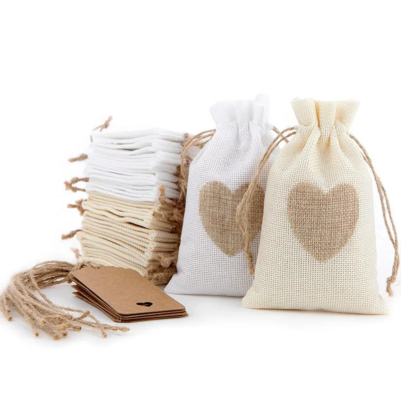 

50pcs/Lot 8x10, 9x12, 10x15cm Valentine's Day Gift Linen Bag Heart Love Jute Pouches For Wedding Party Candy Packaging Sacks