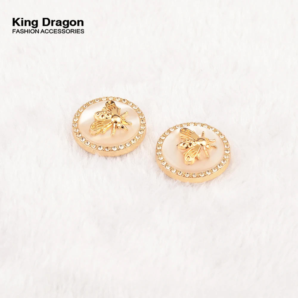 New Arrival 6PC Antique Rhinestone Decor Metal Gold Bee Pink Blue Pearl Buttons For Clothes Coat Cardigan Sweater Sew Needlework