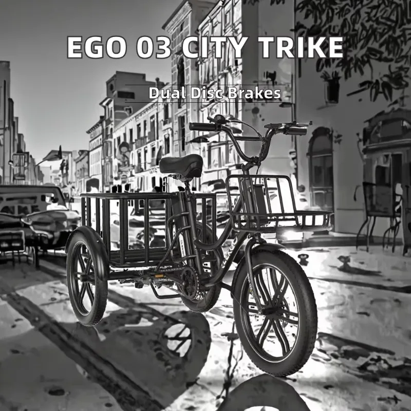 48V 18Ah EGO 03 Electric Cargo Tricycle Rear Hub Motor Steel 5-Speed Gear Front Back Baskets 250W Adults 120kg City Bike