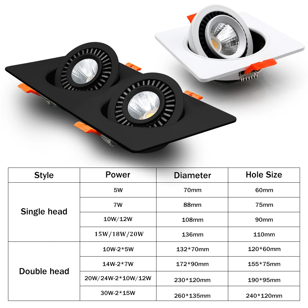 Spot Lumineux LED Encastrable pour le Plafond Carré, Angle Rotatif à 360 °, 10/14/20/24W, AC 220V, COB, pour Arrière-Plan de Télévision