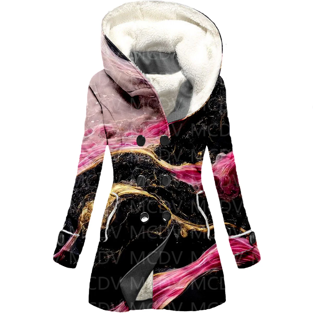 Kleur Drijfzand 3d Geprint Fleece Capuchon Mantel Vrouwen Dikke Warme Jas Dames Winter Warme Overjas