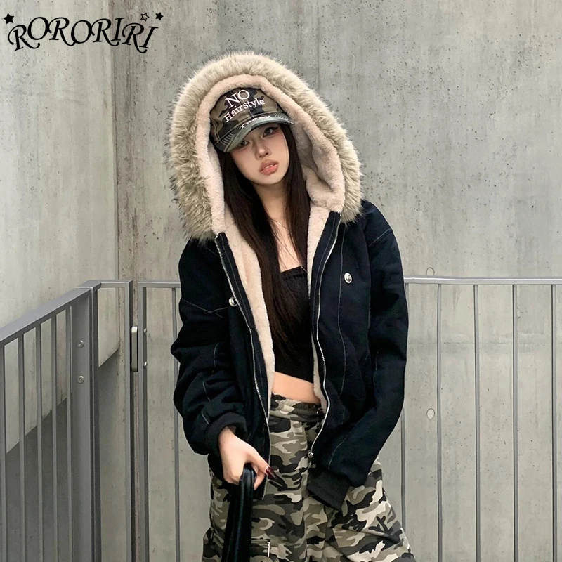 

RORORIRI куртка с капюшоном из искусственного меха, женская куртка-бомбер с заклепками и карманами, белая флисовая куртка-бомбер на молнии со швами, зимняя верхняя одежда в стиле ретро