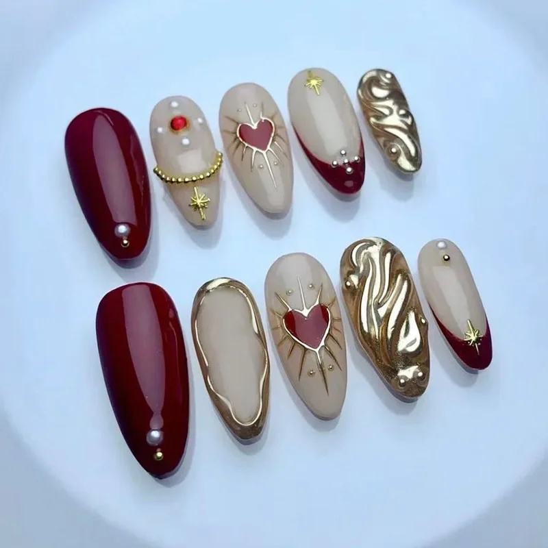 24PCS Almond False Nails with 3D Irregular Golden Ripples French Nail Tip Ins Star Designs Fake Nail Wearable Manicure for Women