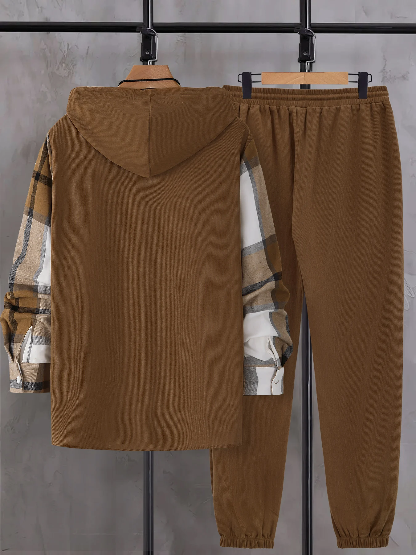 Men's Autumnal Hooded Set with Plaid Patchwork Jacket Drawstring Trousers Trendy Three-Piece Ensemble view 2