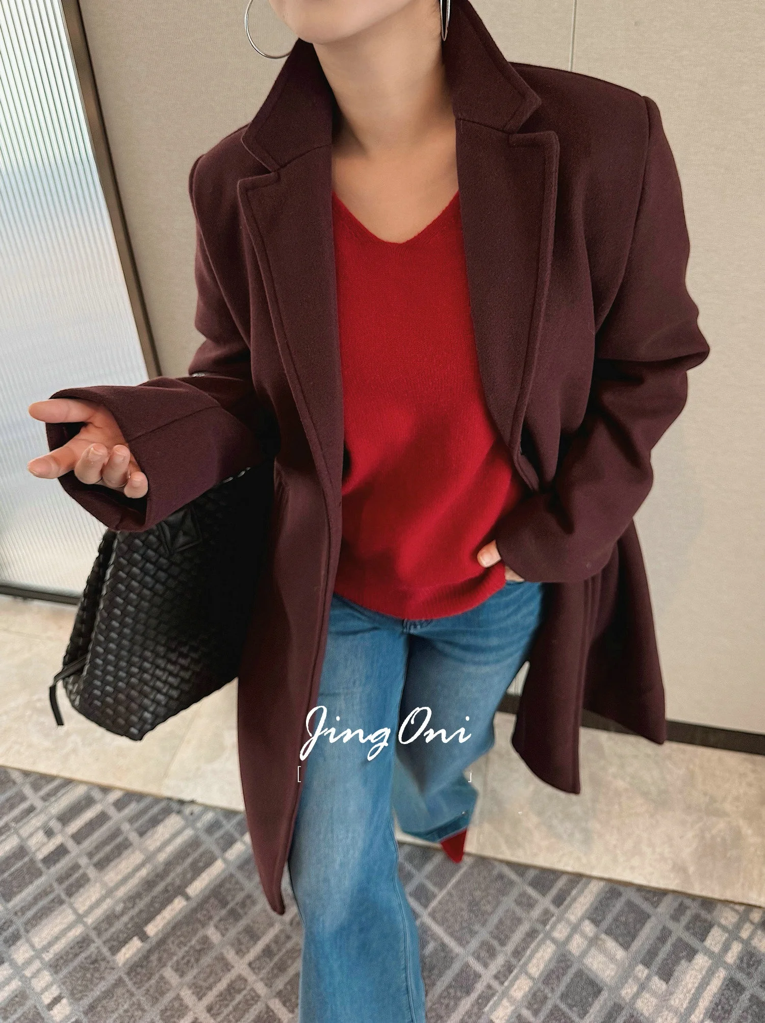 

JINGONI Long Woolen Coat Women's Top Windbreaker Autumn Winter New Sle Korean System Slimming OL Sle Regular Sve Length