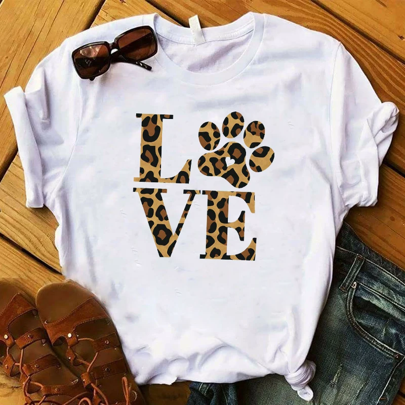 

Fashion Women T Graphic Top Tshirt Love Dog Leopard Printed Summer Cute Letters Nice Tee Shirt Femme Ladies Pretty T-shirt