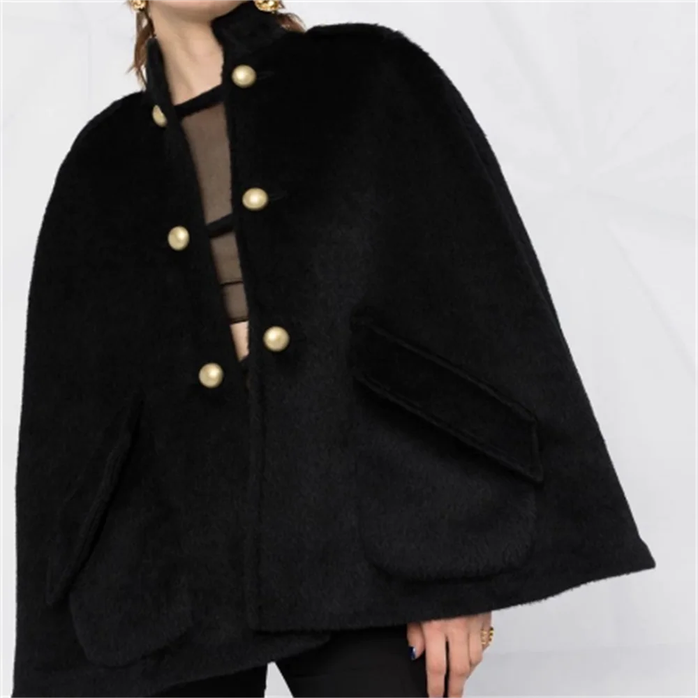 

New double-breasted fashion shawl loose pocket women's coat cloak coat