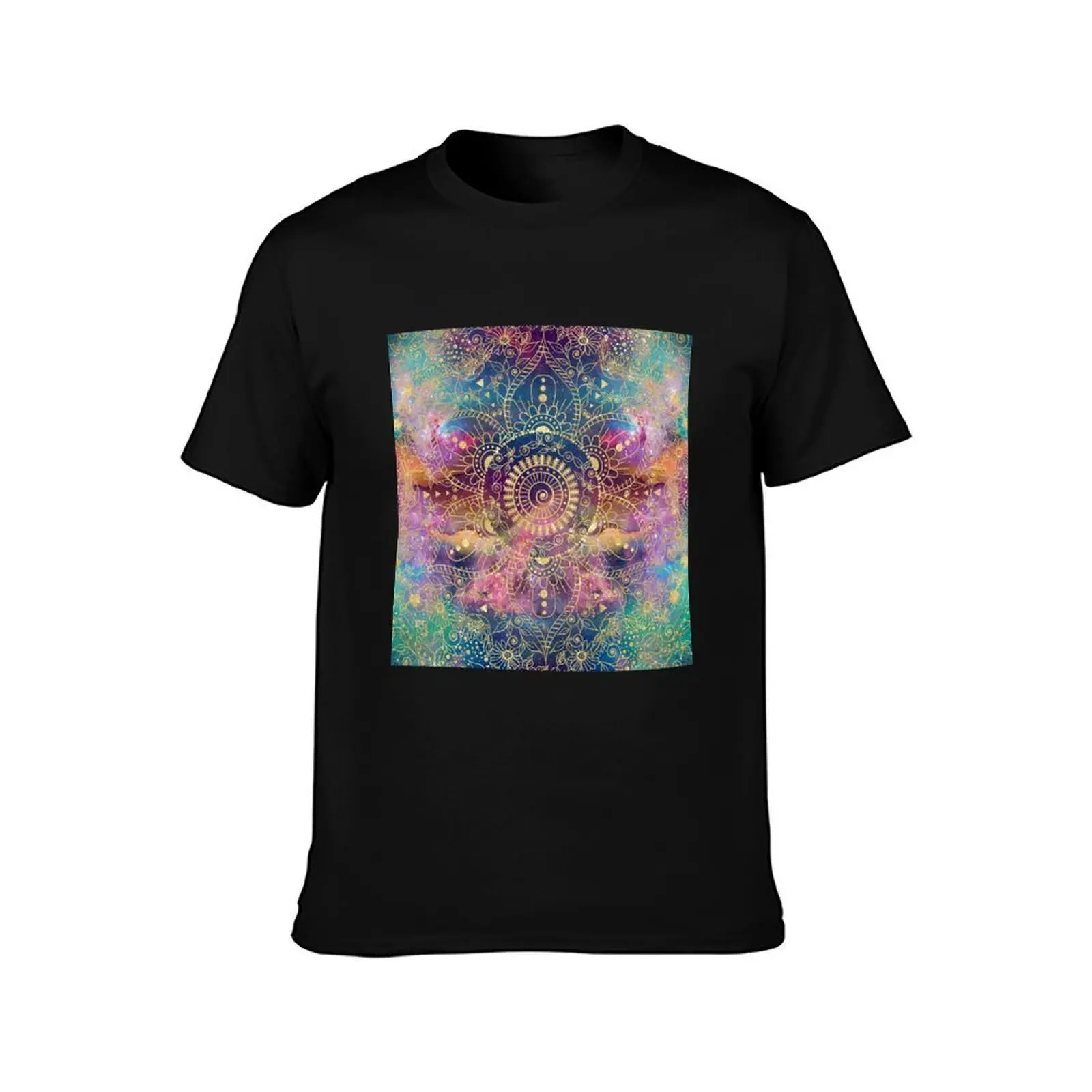 Gold Mandala Watercolor Colorful Nebula T-Shirt Soft Stretch Short Sleeve Top T-Shirt