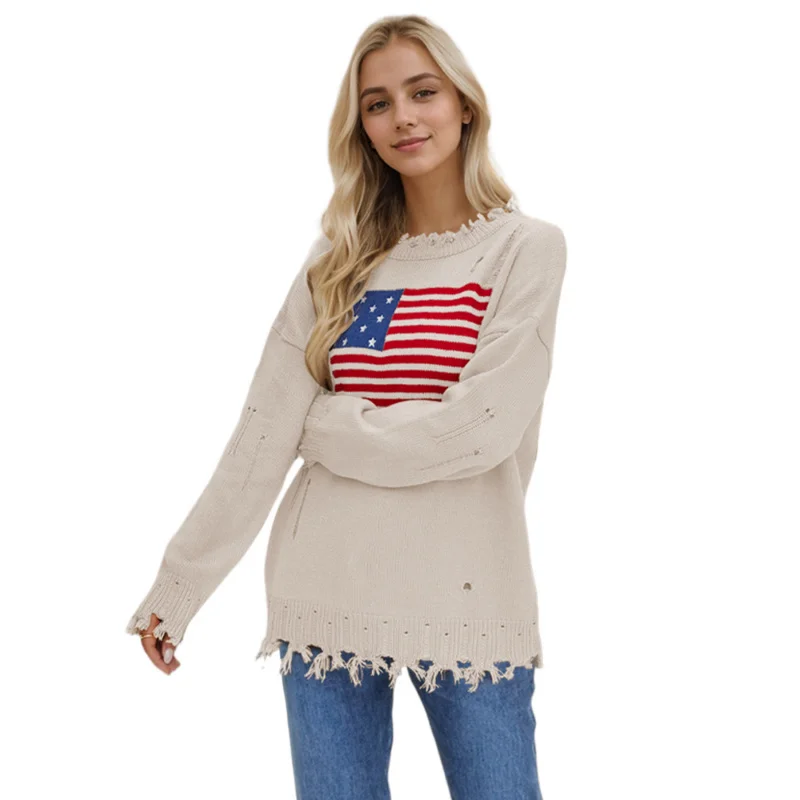 2024Autumn and Winter NewTemuHot Sale round Neck Flag Easter Independence Day Fashion Sweater Women