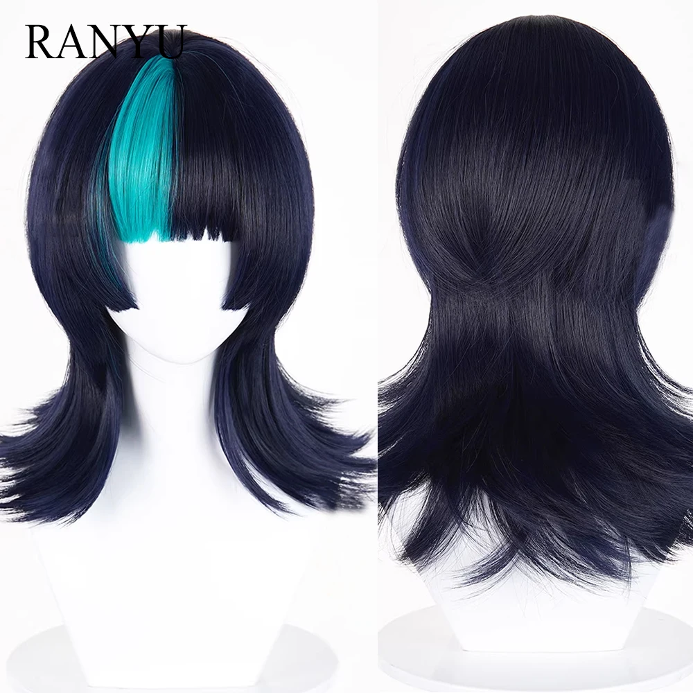 

Dark Purple Green Highlights Synthetic Short Straight Wigs with Bangs Wolf Tailed Anime Game Cosplay Fluffy Wig for Daily Party