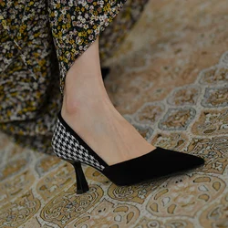 7 CM Heels Shoes French Style Plaid Women Pumps Office Lady Slip On Casual Shallow Shoes Stiletto Heels Pointed Toe