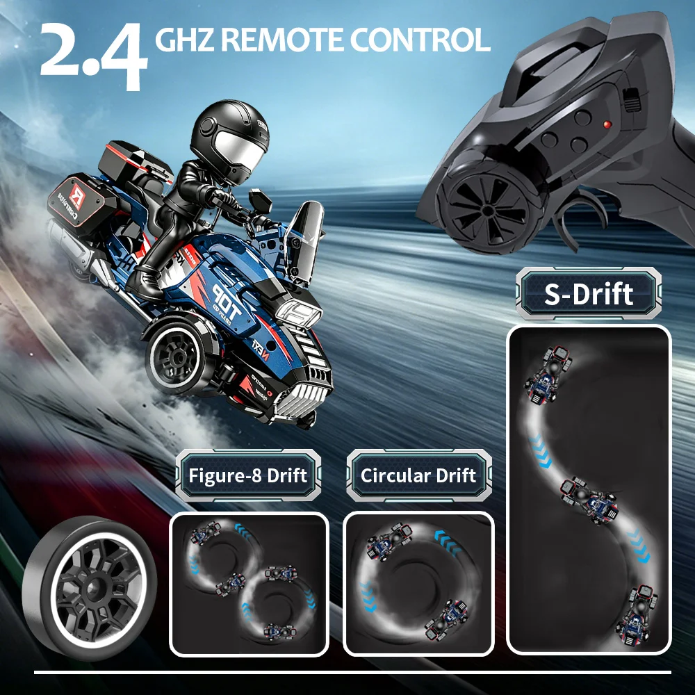 1:43 RC 3-Wheel Drift Motorcycle, 2.4GHz Remote Control Racing Car, Desktop Racing Model & Decorative Collectible, USB-C