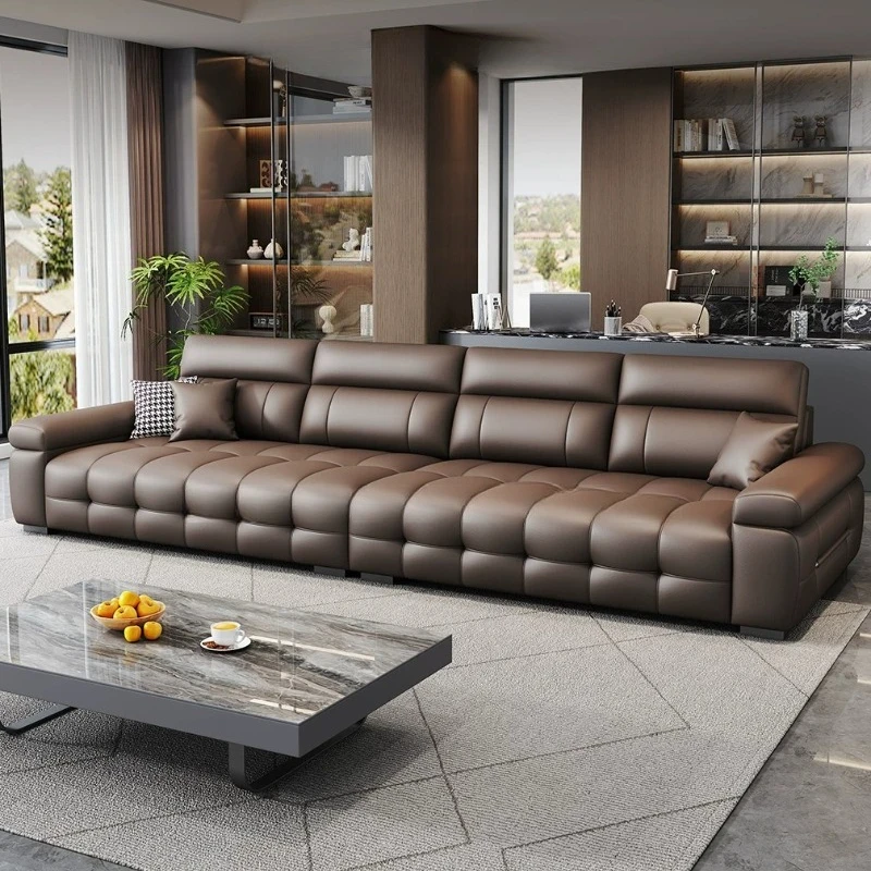 Grid Real Leather Sofa Segmented Square Panel Straight 3-Seater Brown Cowhide Couch with Wide Wrapped Armrest Designer Furniture