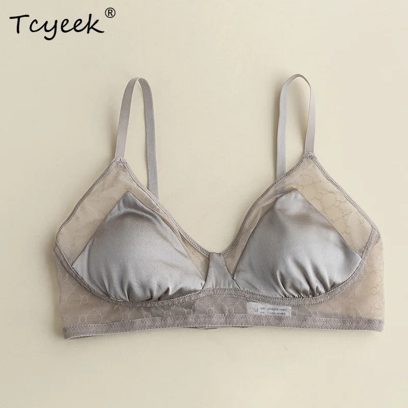 

Tcyeek 93% mulberry Silk Bra,Women Satin Mesh Silky Wire Free, Beautiful Lace Patchwork Underwear, 2025 Spring Summer P43401QM