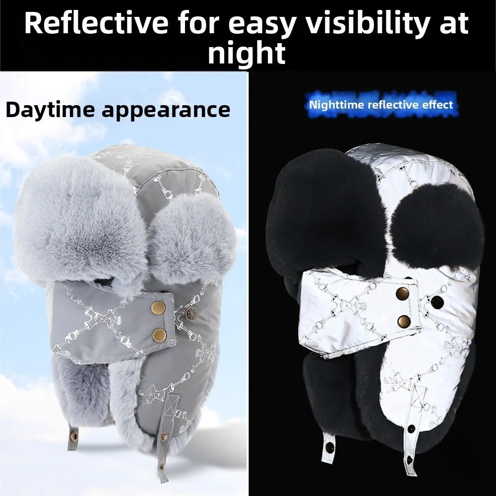 New Faux Fur Lining Warm Trapper Hat Night Reflective Waterproof Earflap Hat With Facemask Bomber Hat Skiing