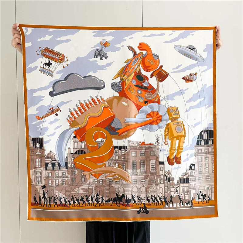 Horse Print Silk Twill Scarf Women Hand Rolled Edges Scarfs Herm Shawls 90 Bandannas Tops Accessories Luxury Shawl Wrap 90cm