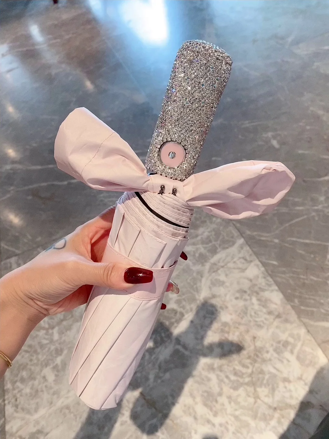 

24 Bone Automatic Pink Umbrella for Women with Rhinestones Sunscreen UV Shade Folding Umbrella for Rain and Shine Outdoor Tool