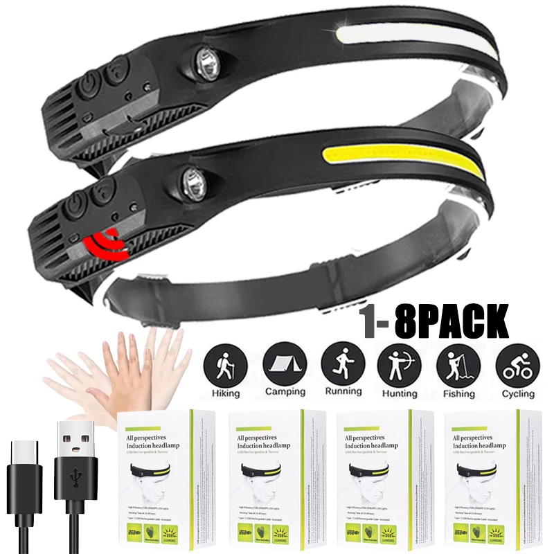1~10Pack Headlamp USB Rechargeable LED Sensor Flashlight XPE+COB Torch Camping Waterproof Headlight for Fishing Lantern