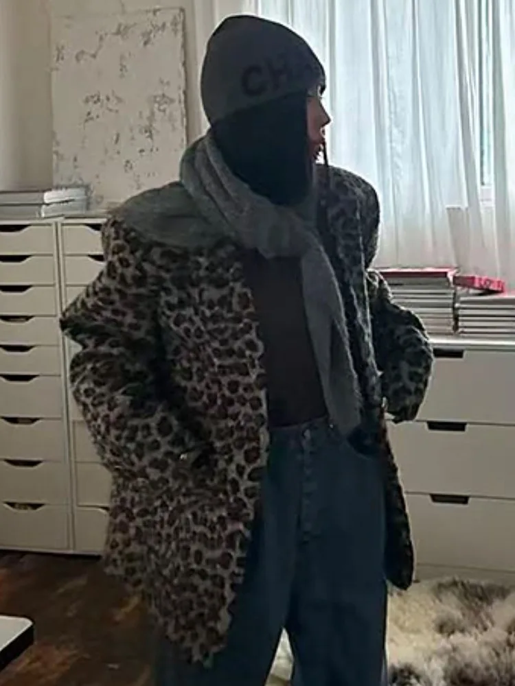 ريترو Sli V-Ne ليوبارد طباعة فرو الضأن القطن Jaet ort ملابس خارجية المرأة شتاء جديد مزدوج كيت سترة مفتوحة #5