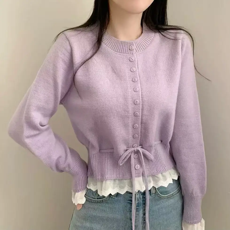

spring autumn Lace splicing fake two pieces Knitted Sweater Short Cardigan jackets Loose Crew Neck korean casual Sweaters Women