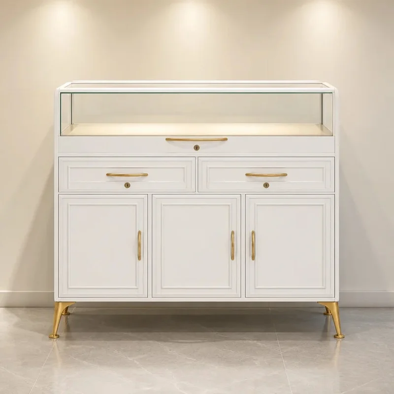 custom.Luxury Jewelry Display Showcase White Matte Lacquer Gold Hardware Frameless Tempered Glass Top LED Lighting Drawer Storag