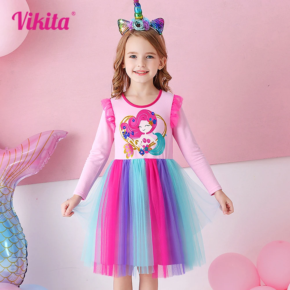 

VIKITA Children Clothes Kids Mermaid Print Long Sleeve Pink Tutu Dress Kids Colorful Tulle Cute Fashion Cartoon Princess Frocks